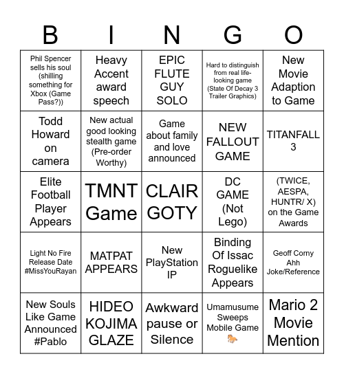Game Awards Bingo Card