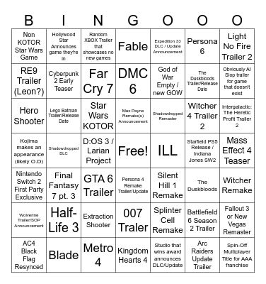 Game Awards Announcements Bingo Card
