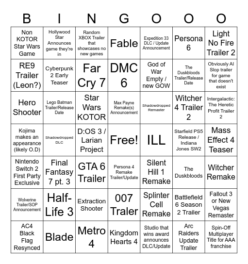 Game Awards Announcements Bingo Card