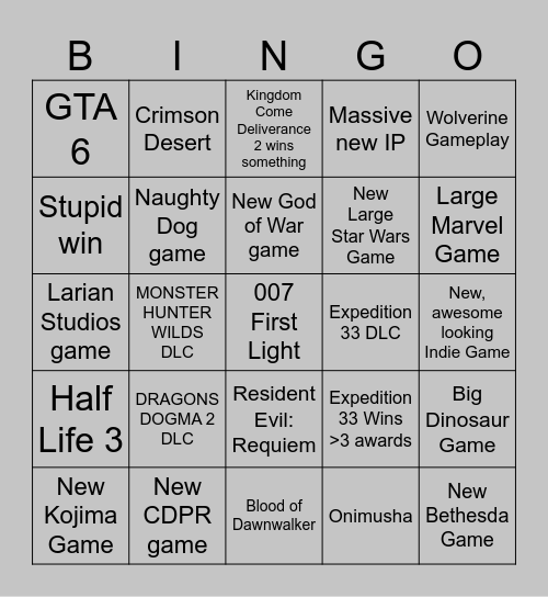 Game Awards Bingo Card