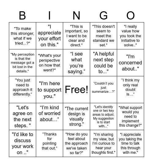 Giving feedback Bingo Card