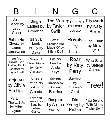 Girl Power Songs Bingo Card