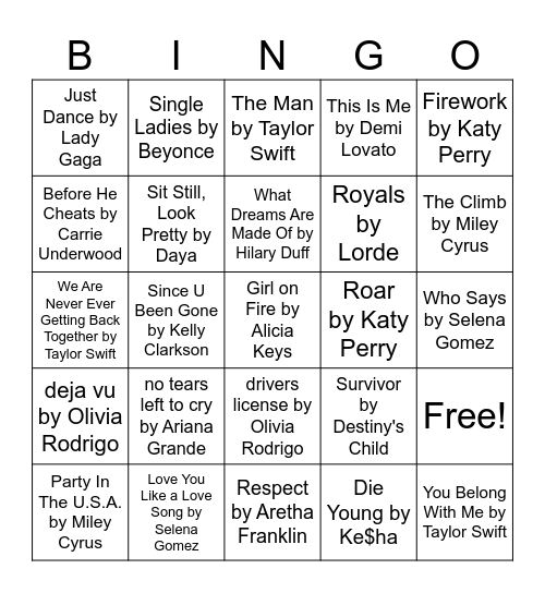 Girl Power Songs Bingo Card