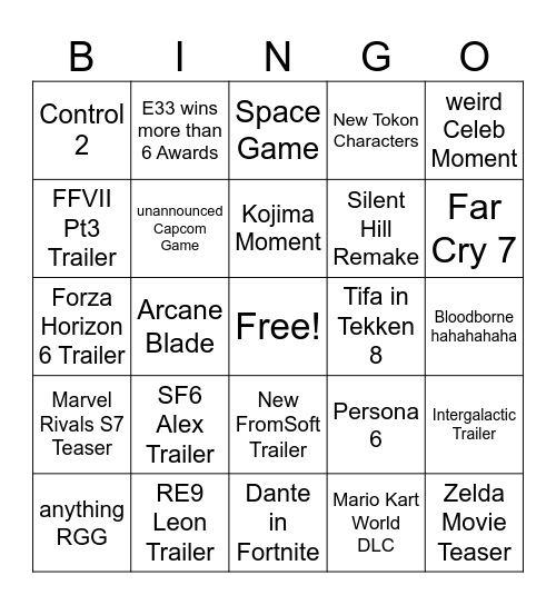 Game Awards 2025 Bullshit Bingo Card