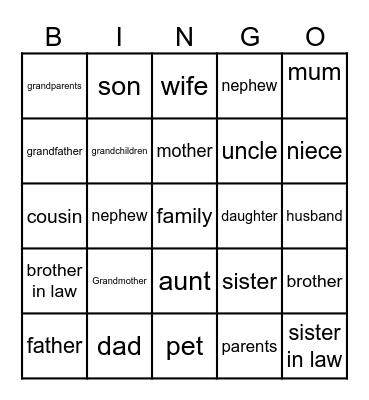 Family Vocabulary Bingo Card