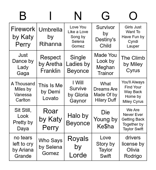 Girl Power Songs Bingo Card