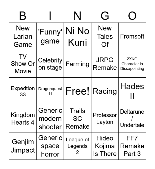 Game Awards Bingo Card