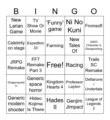Game Awards Bingo Card