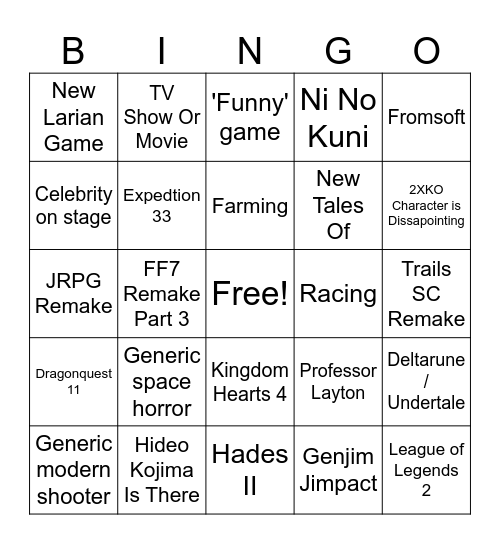 Game Awards Bingo Card