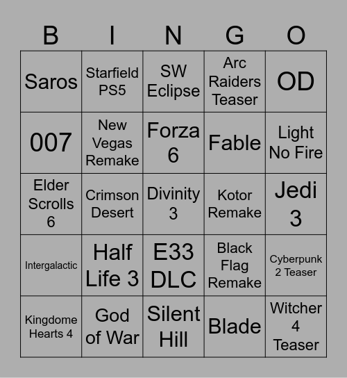 The Game Awards Bingo Card