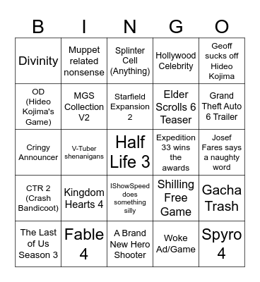 Game Awards 2025 Bingo Card