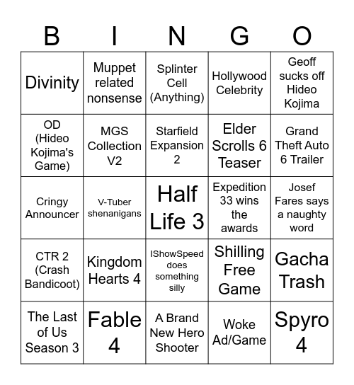 Game Awards 2025 Bingo Card
