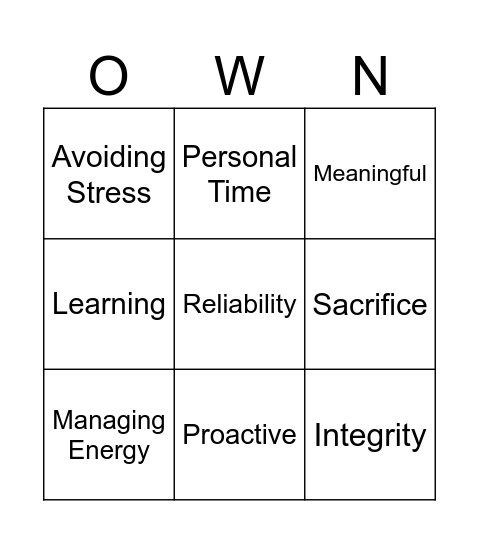 Own the Shift Bingo Card