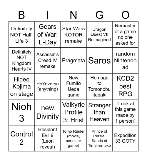 The Game Awards 2025 Bingo Card