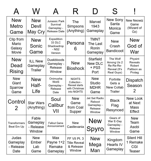 The Game Awards Bingo Card