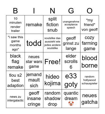 Game Awards Bingo Card