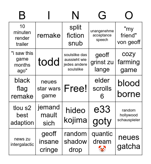 Game Awards Bingo Card