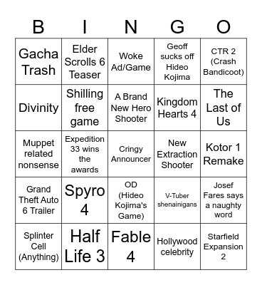 Game Awards 2025 Bingo Card