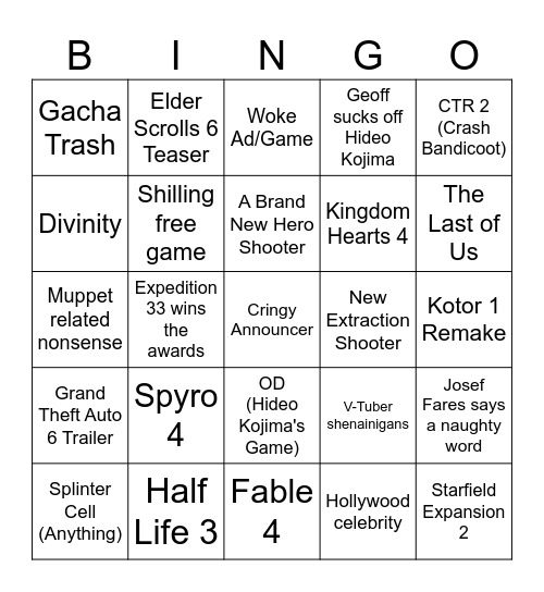 Game Awards 2025 Bingo Card
