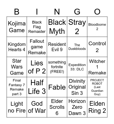 Game Awards Bingo Card