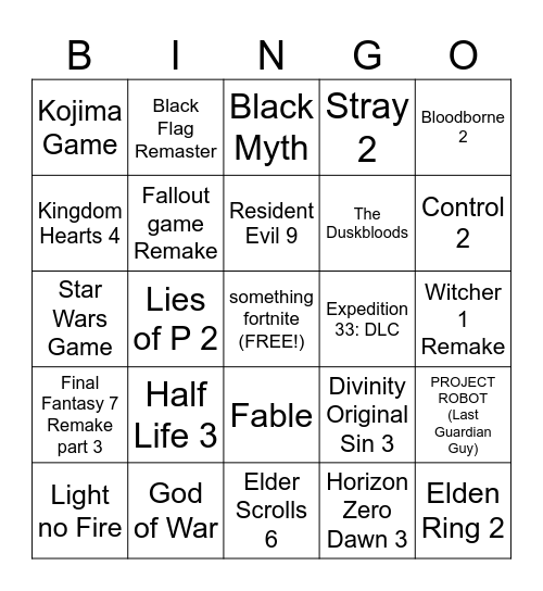 Game Awards Bingo Card