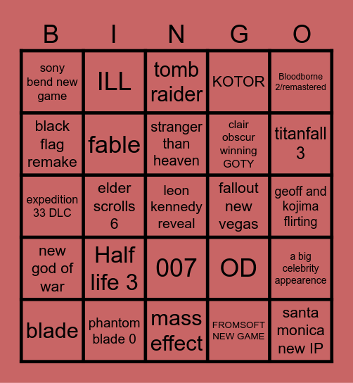 GAME AWARDS Bingo Card