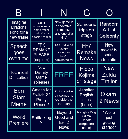 Game Awards 2025 Bingo Card