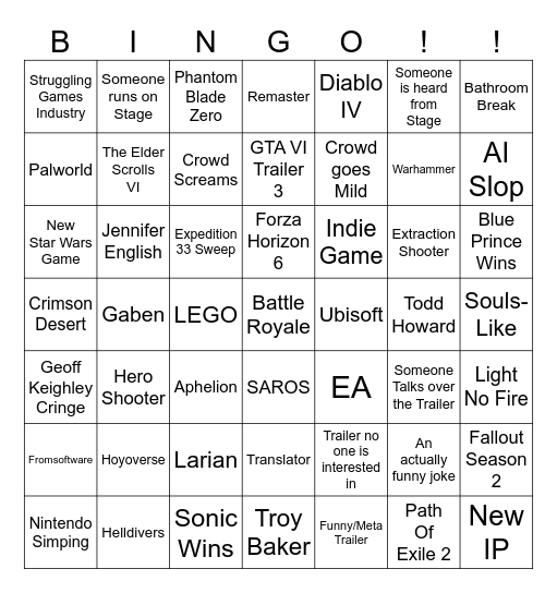 The Game Awards 2025 Bingo Card