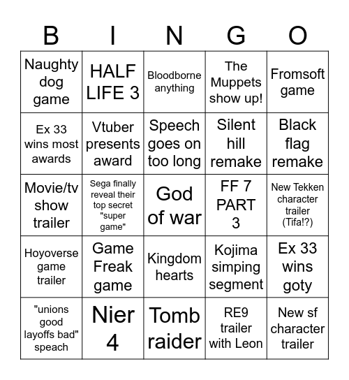 Game Awrds 2025 Bingo Card