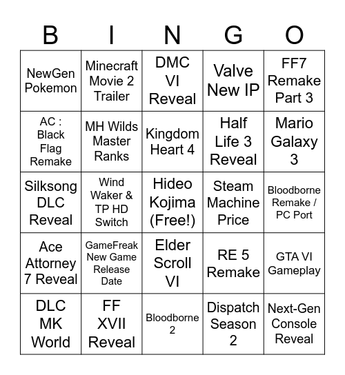 TGA Bingo Sheet Bingo Card