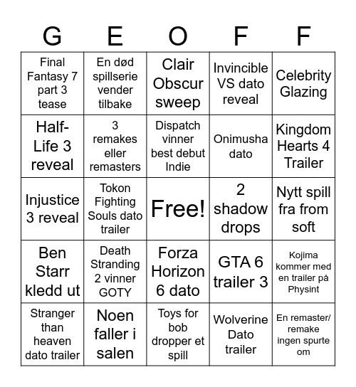 Game Awards Bingo Card