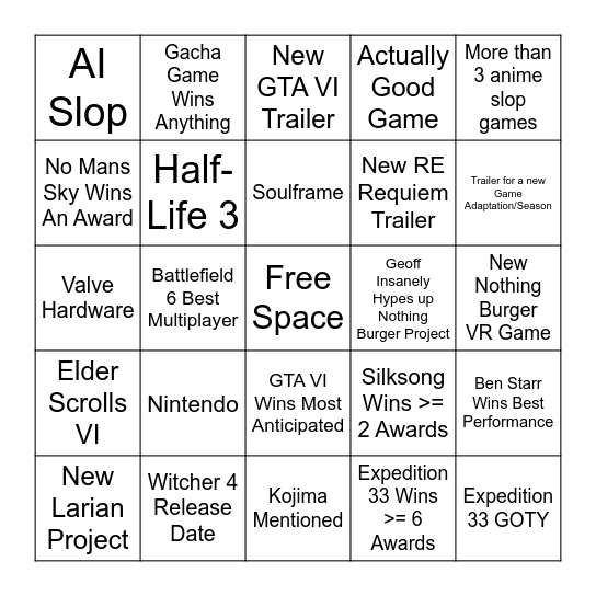 Game Awards 2025 Bingo Card
