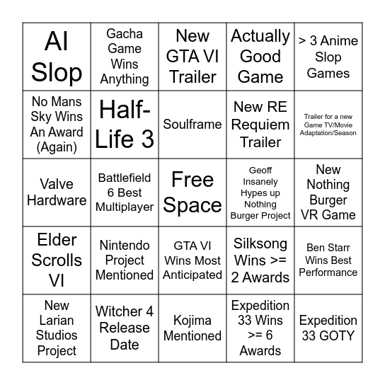 Game Awards 2025 Bingo Card