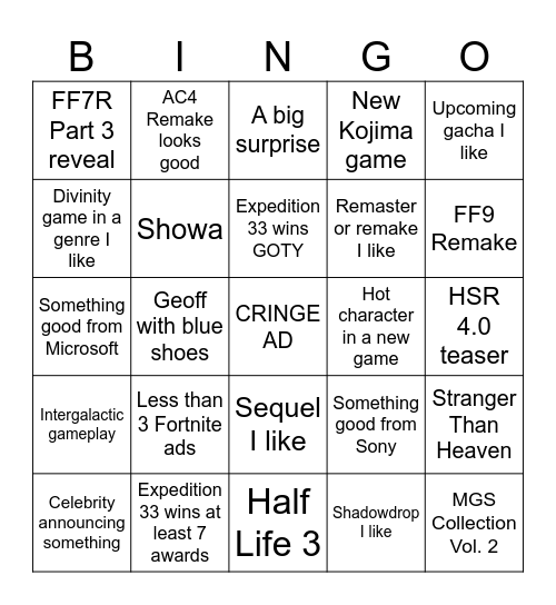 The Game Awards Bingo Card