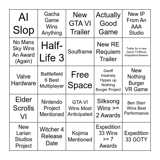 Game Awards 2025 Bingo Card
