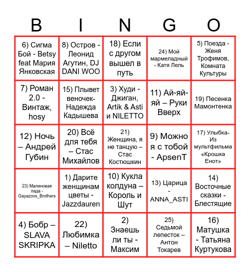 Музыкальное бинго, раунд 1 Bingo Card