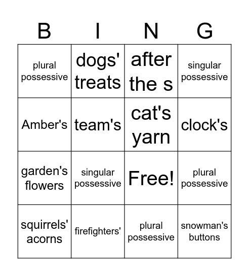 Possessive Nouns Bingo Card