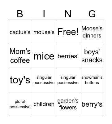 Possessive Nouns Bingo Card