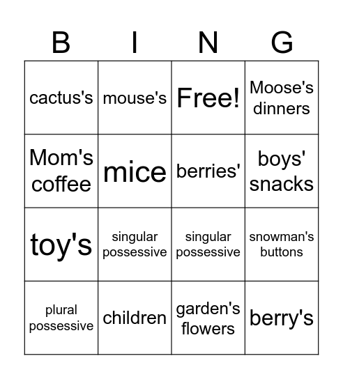 Possessive Nouns Bingo Card