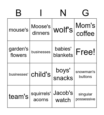 Possessive Nouns Bingo Card