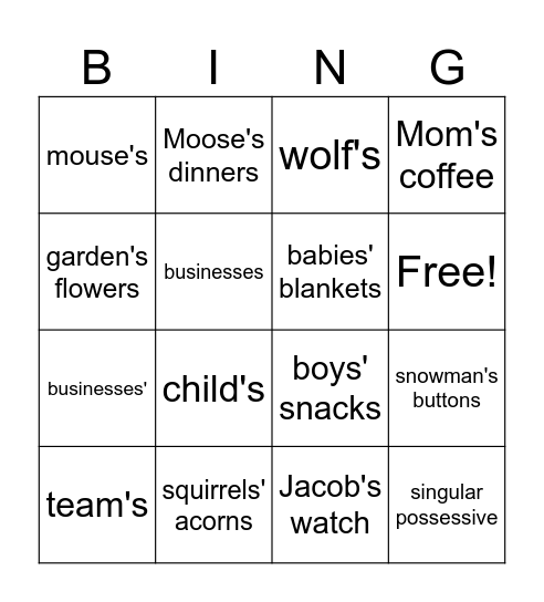Possessive Nouns Bingo Card