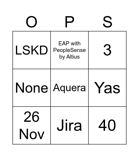 PS Ops Team Bingo Card