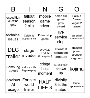 game awards 2025 Bingo Card