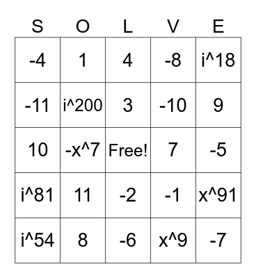 ALGEBRA 2 BINGO Card