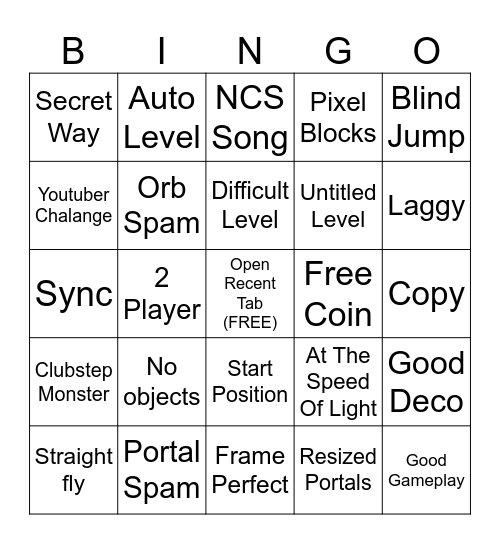 GD Recent Tab Bingo Card