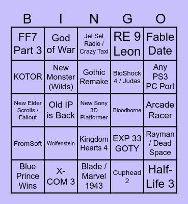 Game Awards 2025 Bingo Card