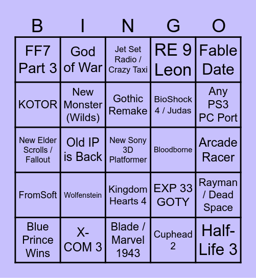 Game Awards 2025 Bingo Card