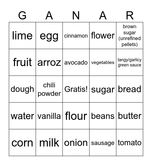 La loteria:  La comida callejera (SPA->ENG) Bingo Card