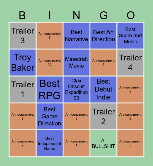 The Game Awards 2025 Bingo Card