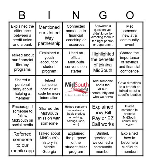 Community Ambassadors Bingo Card